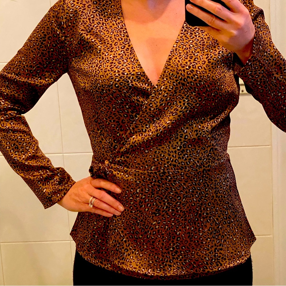 Satin leopard print v-neck blouse with side tie by C. Wonder